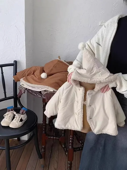Нет бренда Детское зимнее кашемировое пальто 1-3 лет, бежевый, фото 4