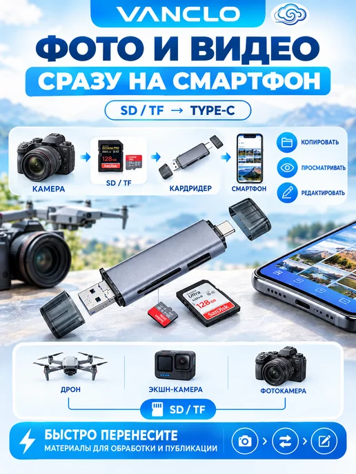 Картридер Type-C Micro USB USB, USB 3.0, SD, TF, серый, фото 2