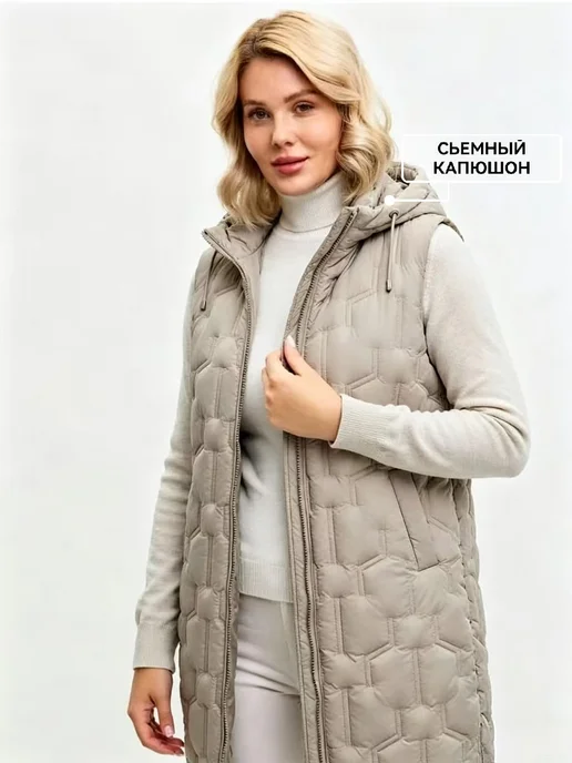 жилетка удлиненный с капюшоном, бежевый, фото 3