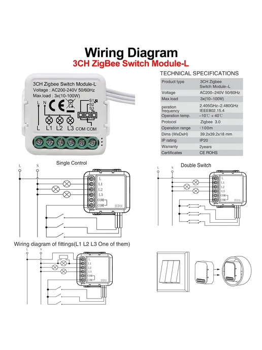 GIRIER Модуль умного выключателя Tuya ZigBee ZB Switch 3CH L, вариант, фото 6