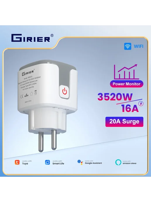 GIRIER Tuya Умная Розетка 16A с Мониторингом Энергии, вариант, фото 2