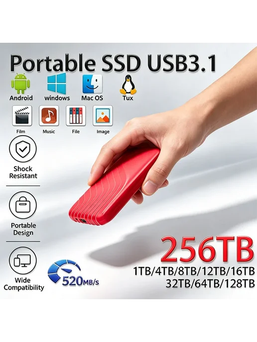 Нет бренда Металлический портативный SSD Samsung 64 ТБ USB 3.1 Type-C 3, 64 ТБ, фото 2