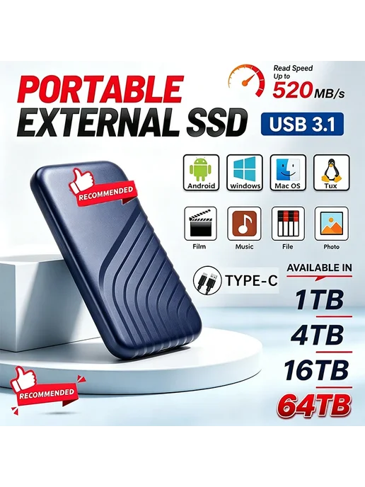 Портативный SSD Samsung 64 ТБ USB 3.1 Type-C 128TB, 64 ТБ, 128 ТБ, фото 2