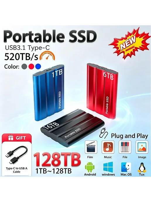 Нет бренда Портативный SSD-накопитель Samsung 64 ТБ USB 3.1 Type-C черн, 64 ТБ, фото 2