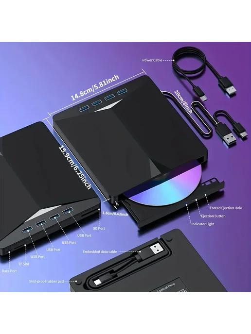 MayAug 7-в-1 USB3.0 Type-C привод для CD DVD, Внешний оптический USB 3.1, фото 3