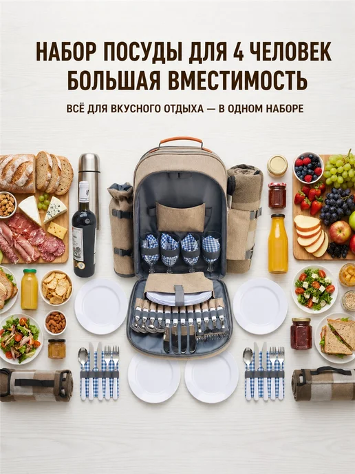 Набор для пикника терморюкзак с посудой на 4 персоны, белый, фото 2