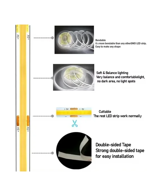 USB Светодиодная Лента COB 320LEDs m для Освещения Yellow, 5, зеленый, фото 5