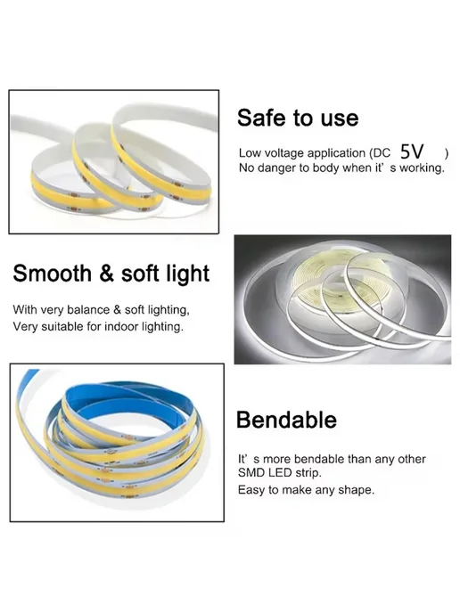 USB Светодиодная Лента COB 320LEDs m для Освещения Yellow, 5, зеленый, фото 7