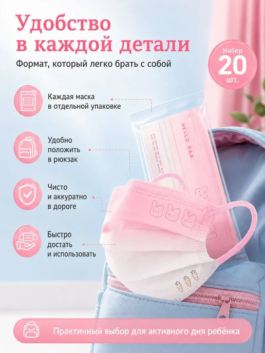 Детская одноразовая маска-повязка, 20 шт, 20 шт, фото 8