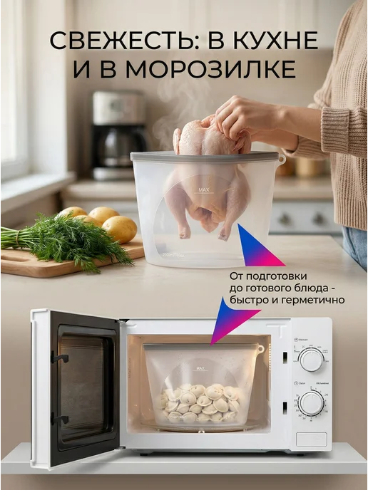 Многоразовый силиконовый пакет с клапаном, 2000 мл, 2 л, фото 7