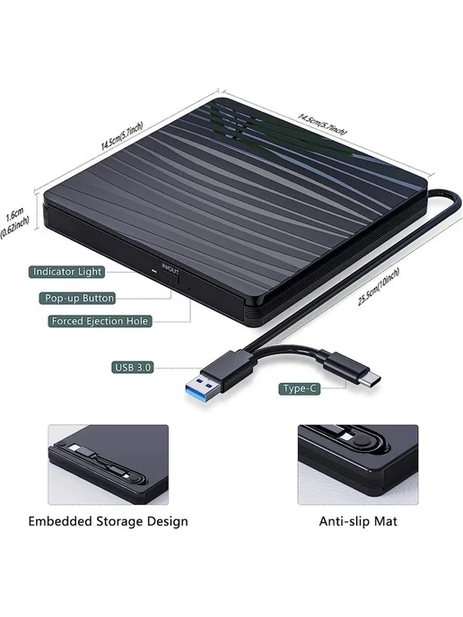 Внешний CD DVD привод USB 3.0 и Type-C, черный, черный, фото 2