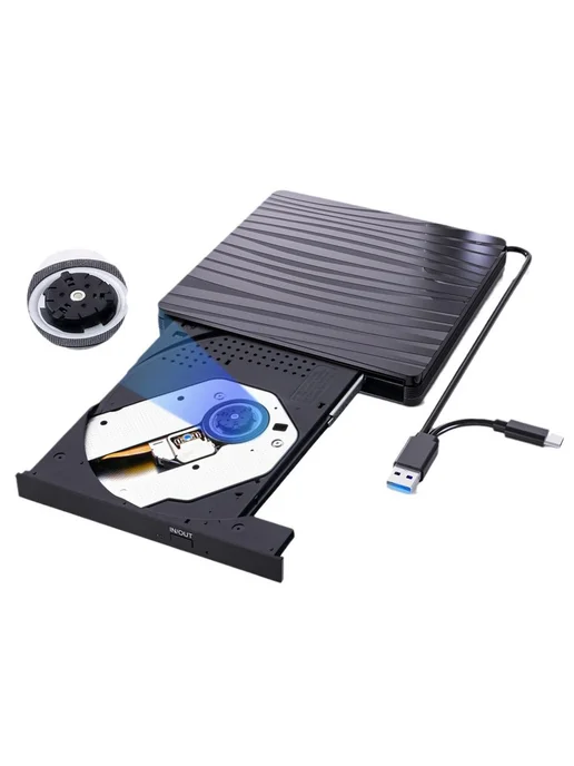 Внешний CD DVD привод USB 3.0 и Type-C, черный, черный, фото 3