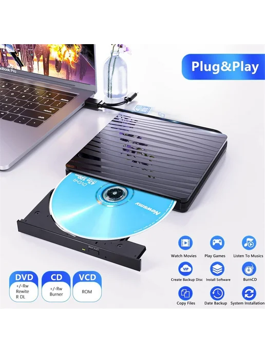 Внешний CD DVD привод USB 3.0 и Type-C, черный, черный, фото 4