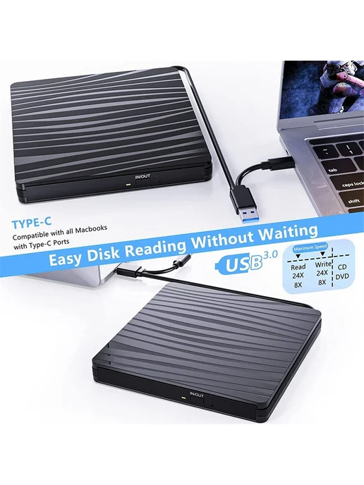 Внешний CD DVD привод USB 3.0 и Type-C, черный, черный, фото 5