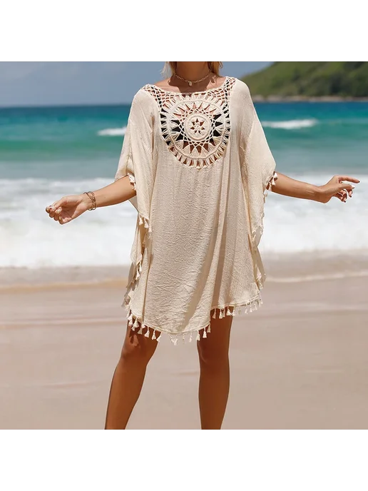 crochet bikini Синее парео женское с бахромой и кружевом, синий, фото 2
