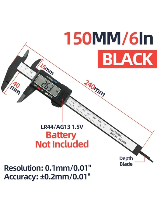 TYTURE Цифровой штангенциркуль 0-150 мм Caliper Black 150, черный