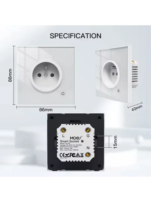 MOES Умная розетка ZigBee с стеклянной панелью 16A WiFi WH E, вариант, фото 7