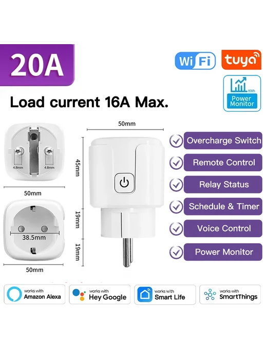 TNCE Умная розетка WiFi Zigbee3.0 16 20А с мониторингом Zigb, белый