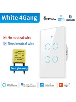 TNCE Умный выключатель света 1 клавиша WIFI White 4Gang