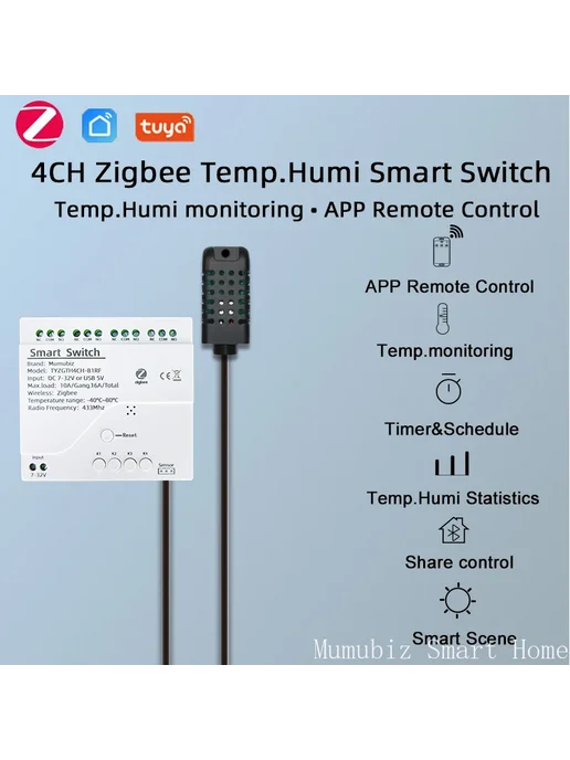 mumubiz Tuya Smart TH10 Zigbee 4-канальный выключатель с дат, вариант, фото 2