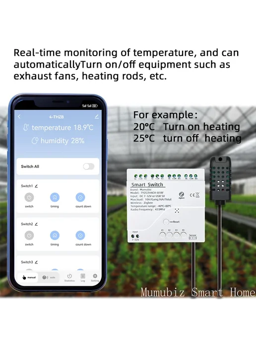 mumubiz Tuya Smart TH10 Zigbee 4-канальный выключатель с дат, вариант, фото 5