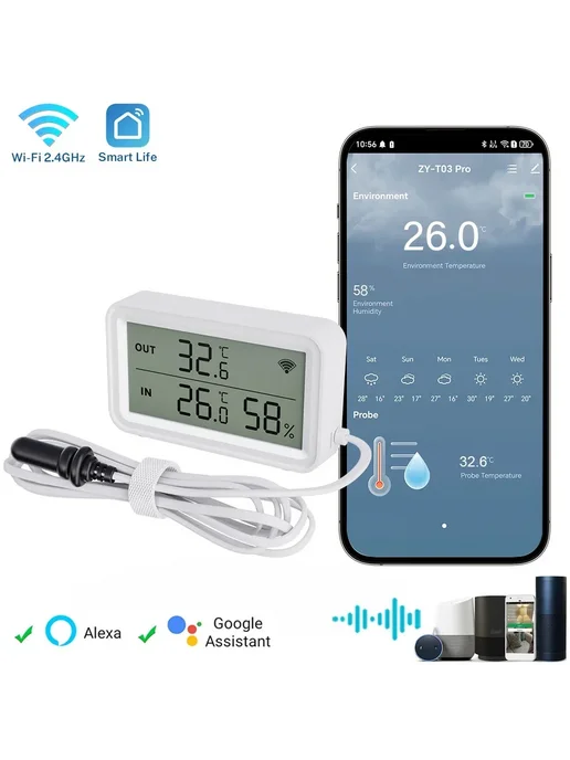 Нет бренда Датчик температуры и влажности Tuya WiFi Zigbee Flat Wire, вариант, фото 2