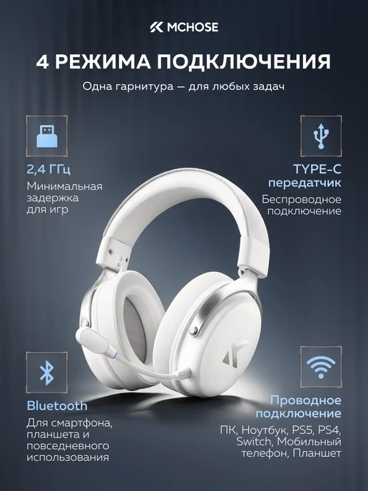 MCHOSE Наушники игровые беспроводные V9 Pro Over-Ear Headphones, белый, фото 6