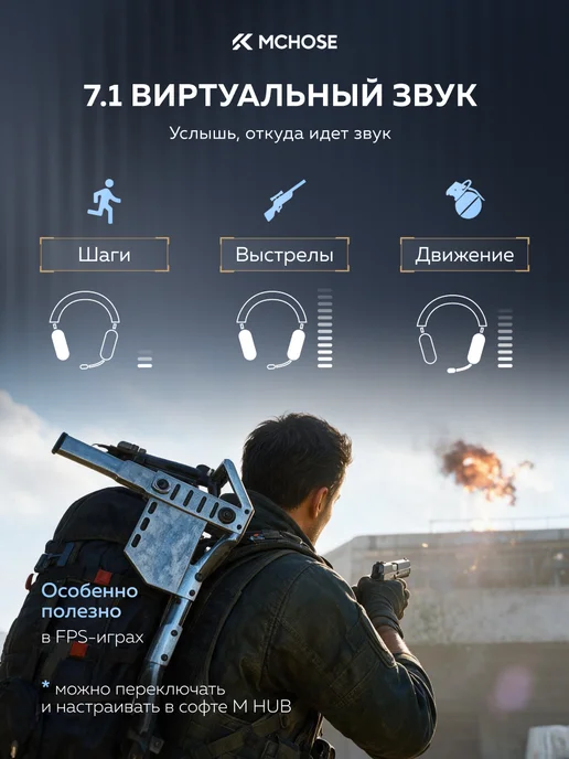 MCHOSE Наушники игровые беспроводные V9 Pro Over-Ear Headphones, черный, фото 4