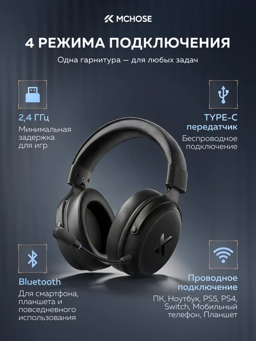 MCHOSE Наушники игровые беспроводные V9 Pro Over-Ear Headphones, черный, фото 6