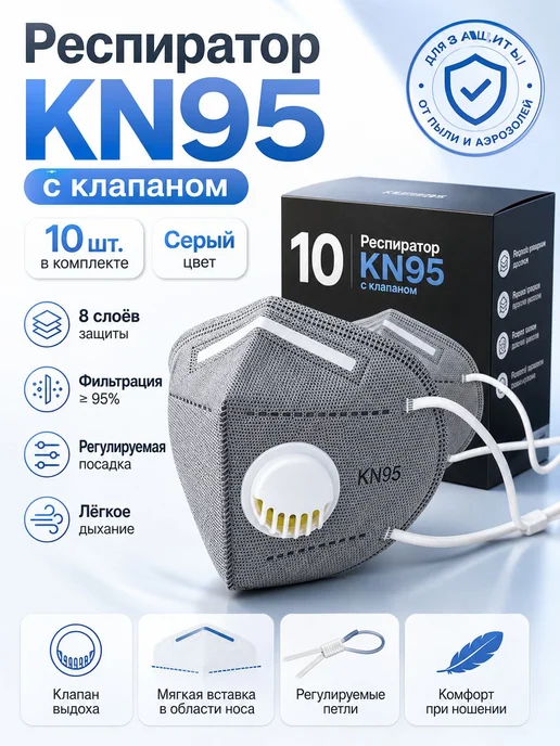 Маска KN95, 4-слойная фильтрация, 10 шт, 10 шт, фото 6