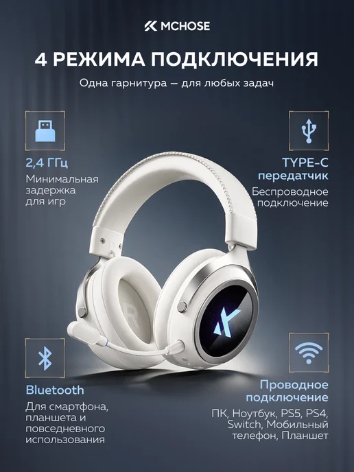 MCHOSE Наушники игровые беспроводные X9 Over-Ear Headphones, белый, фото 6