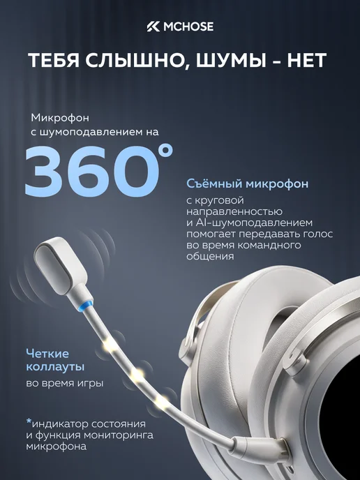 MCHOSE Наушники игровые беспроводные X9 Over-Ear Headphones, белый, фото 8