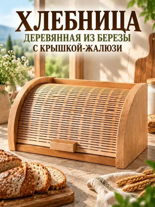 Хлебница деревянная с крышкой шторкой, бежевый, фото 2