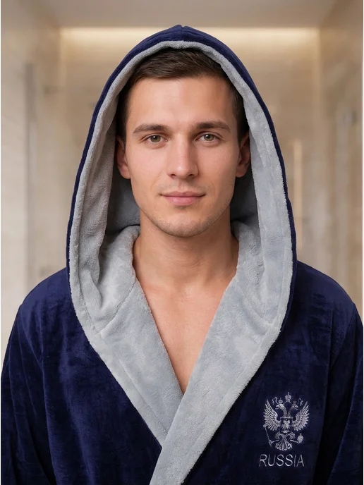 DINAR TEXTILE Халат домашний банный с капюшоном, синий, фото 2