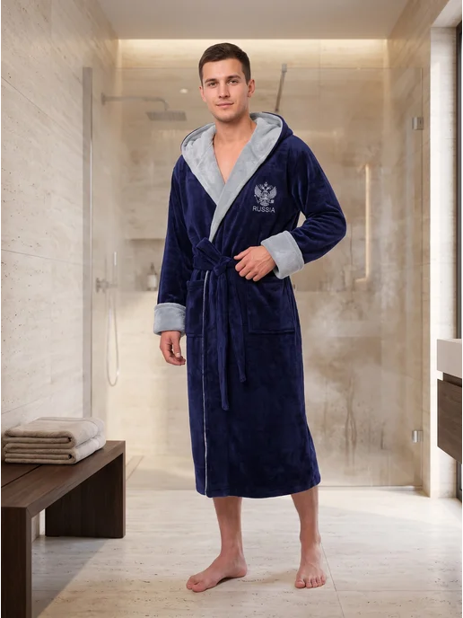 DINAR TEXTILE Халат домашний банный с капюшоном, синий, фото 4