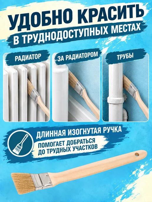 BAUWELT Кисть радиаторная малярная плоская для батареи 25мм, вариант, фото 4
