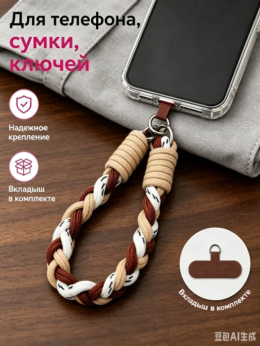 Шнурок на руку для телефона вязаный короткий, бежевый