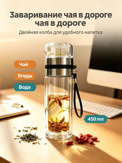 Термокружка стеклянная с ситечком для заваривания чая, белый, фото 3