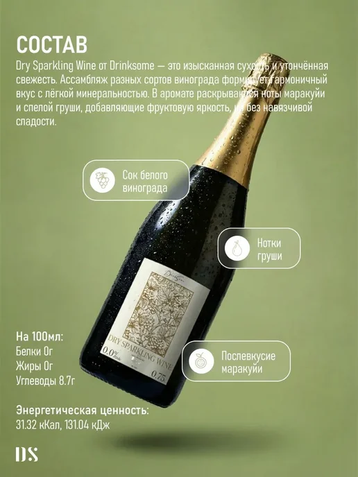 Безалкогольное шампанское сухое брют в стекле Drinksome, вариант, фото 2