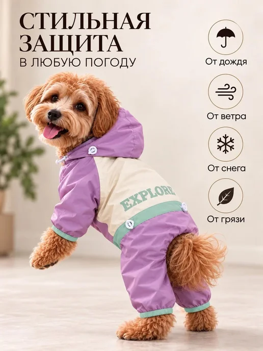 Hello family Комбинезон для собак непромокаемый, дождевик со шлейкой, фиолетовый, фото 4