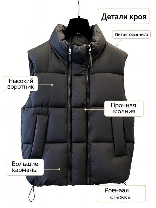 Жилет с воротником-стойкой и двумя молниями, черный, фото 3