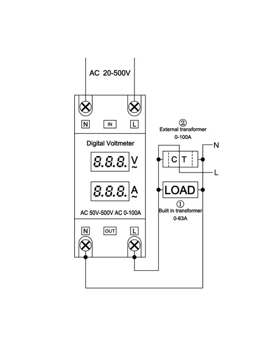 AC50-500 В 0-100 А ЖК-дисплей Din-рейка измеритель 1шт, 1 шт, фото 3