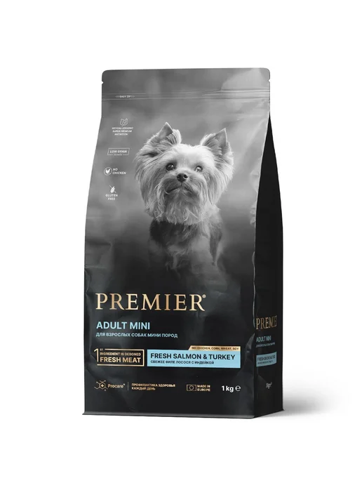 Сухой корм PREMIER Dog для собак, взрослые, мелкие, индейка, лосось, 1 кг