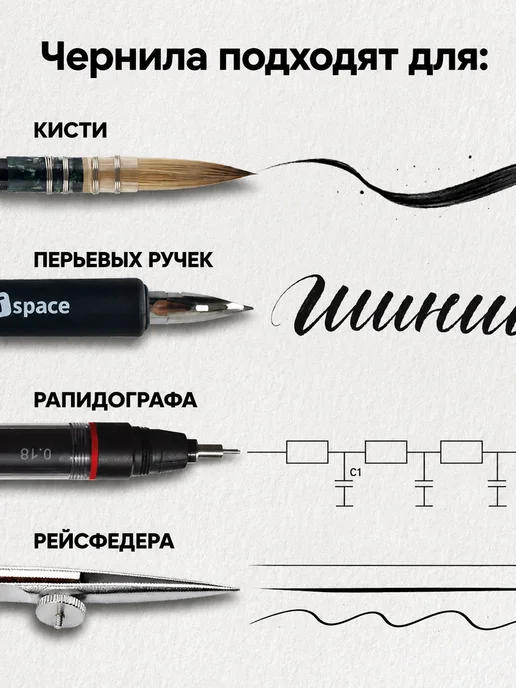 Тушь для рисования и каллиграфии черная, черный, фото 5