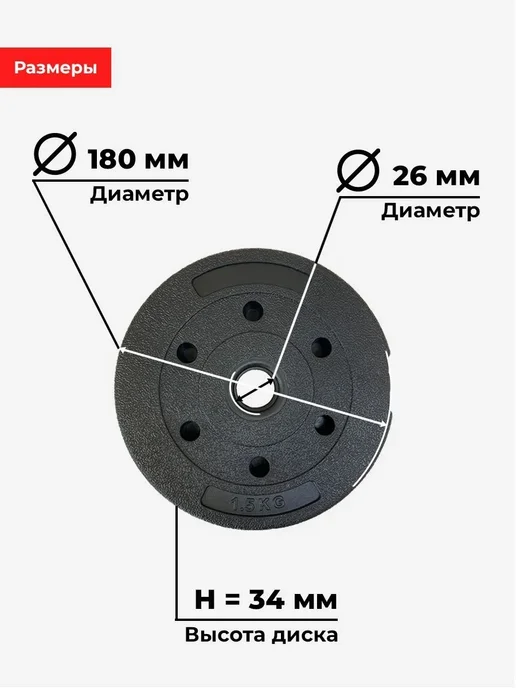 Шесть композитных блинов 1,5 кг для гантелей с ПВХ, 1,5 кг, фото 2