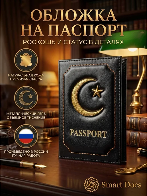 Обложка на паспорт полумесяц звезда золото натуральная кожа