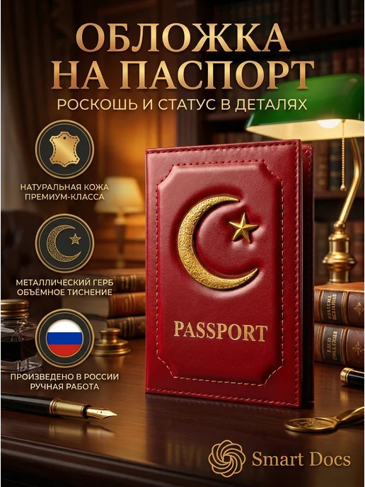 Обложка на паспорт полумесяц звезда золото натуральная кожа