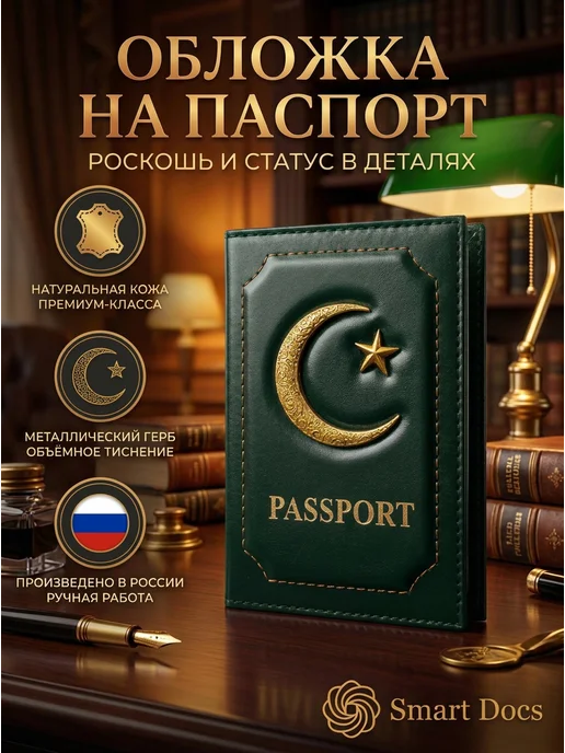 Обложка на паспорт полумесяц звезда золото натуральная кожа