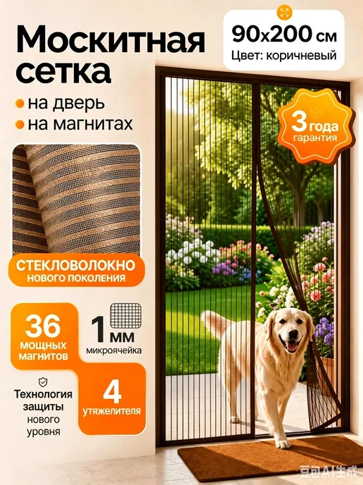 Магнитная москитная сетка 90×200 см, коричневая, 90x200 см, фото 7