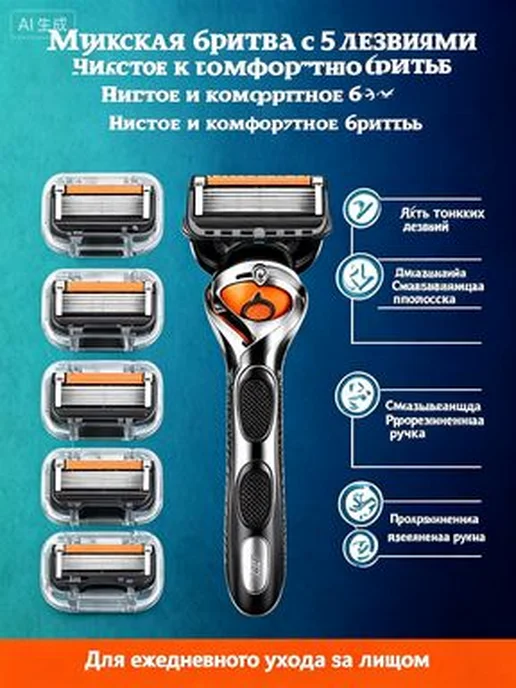 Мужская бритва с 5-слойными лезвиями, 4 кассеты + ручка, вариант, фото 3